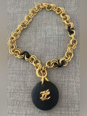 Vintage Karl Lagerfeld Irregular Round Black Pendant Matte Gold Chain Necklace